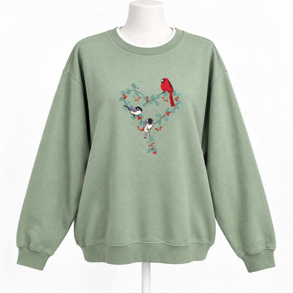 Vintage 90s Green Embroidered Bird Heart Sweatshirt Size 3XL Green Cottagecore